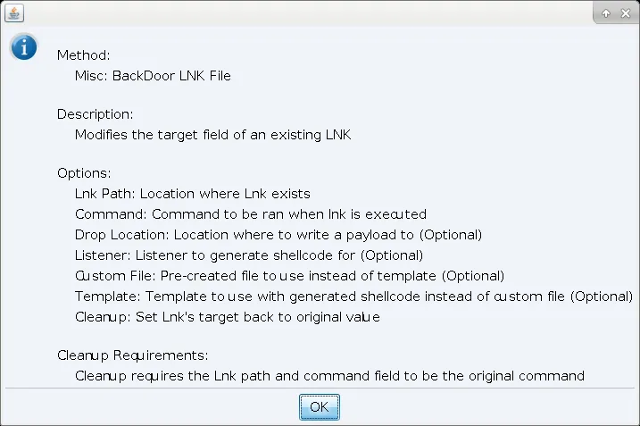 Figure 13 — Help menu for Backdoor LNK persistence