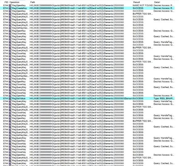 Process Monitor output showing a whole lot of registry interactions (events of interest highlighted)