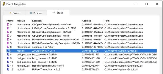 Stack trace for the RegCreateKey event