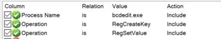 Process Monitor filter settings to only show RegCreateKey and RegSetValue events sourced from bcdedit.exe.