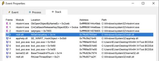 Stack trace for the RegSetValue event