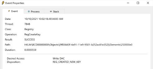 RegCreateKey event for changing the boot status policy setting