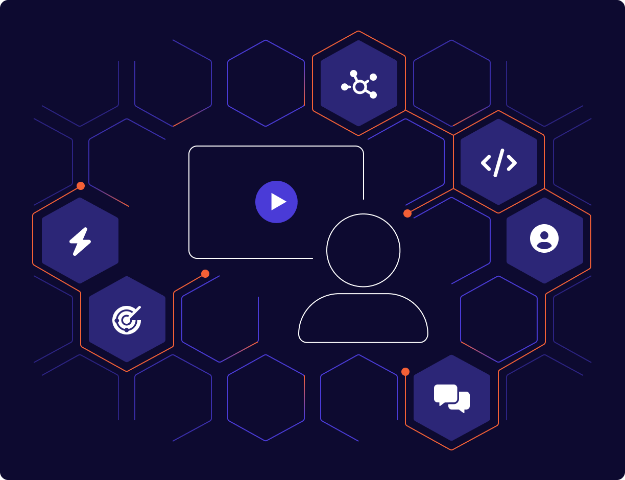 Dark blue graphic of icons and a user in front of a training screen