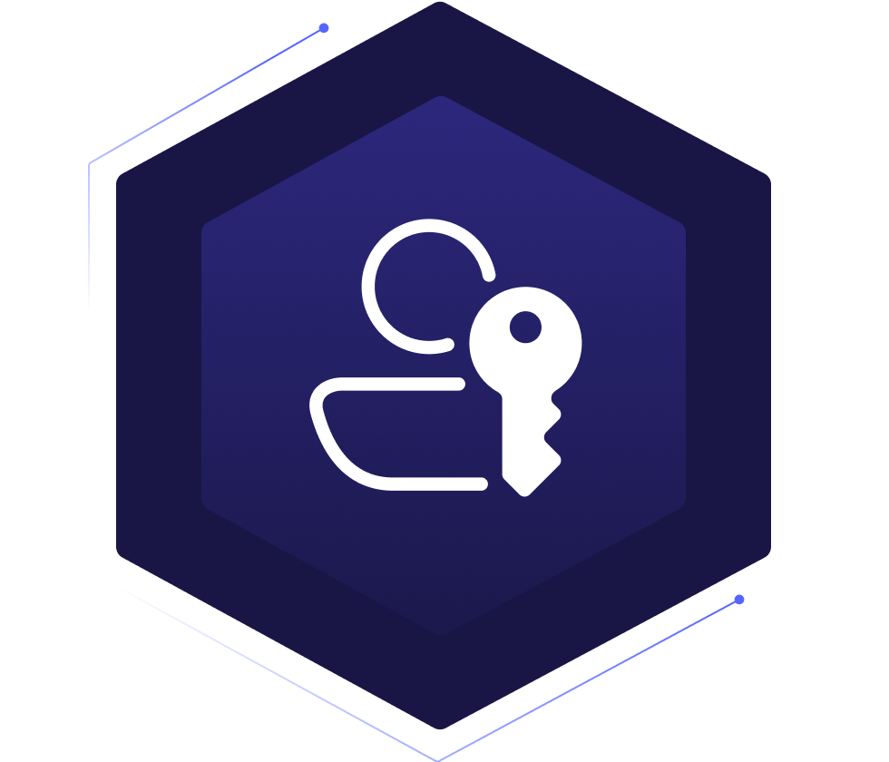 Dark blue hexagon with an icon of a person and a key in the center