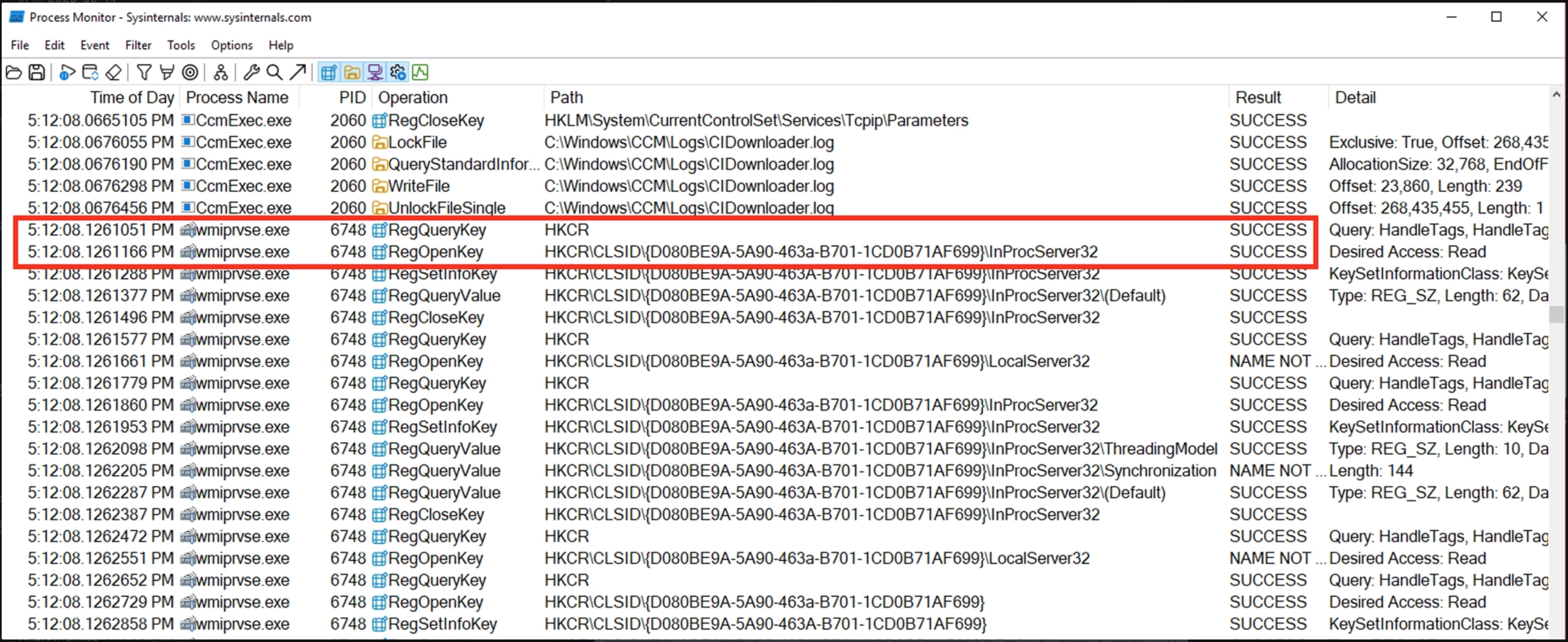 ProcMon Output Showing CCMEXEC and WMIPRVSE Interaction
